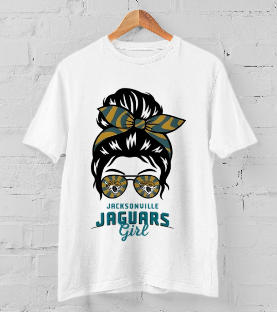 Jacksonville Jaguars Girl Messy Bun Glasses Bow Fan Spirit T-Shirt