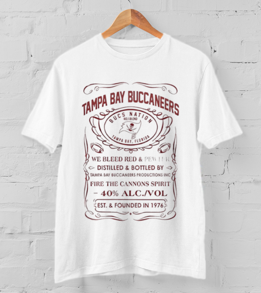 Tampa Bay Buccaneers Whiskey Label Style Aged Barrel Proof 40% Established 1976 T-Shirt
