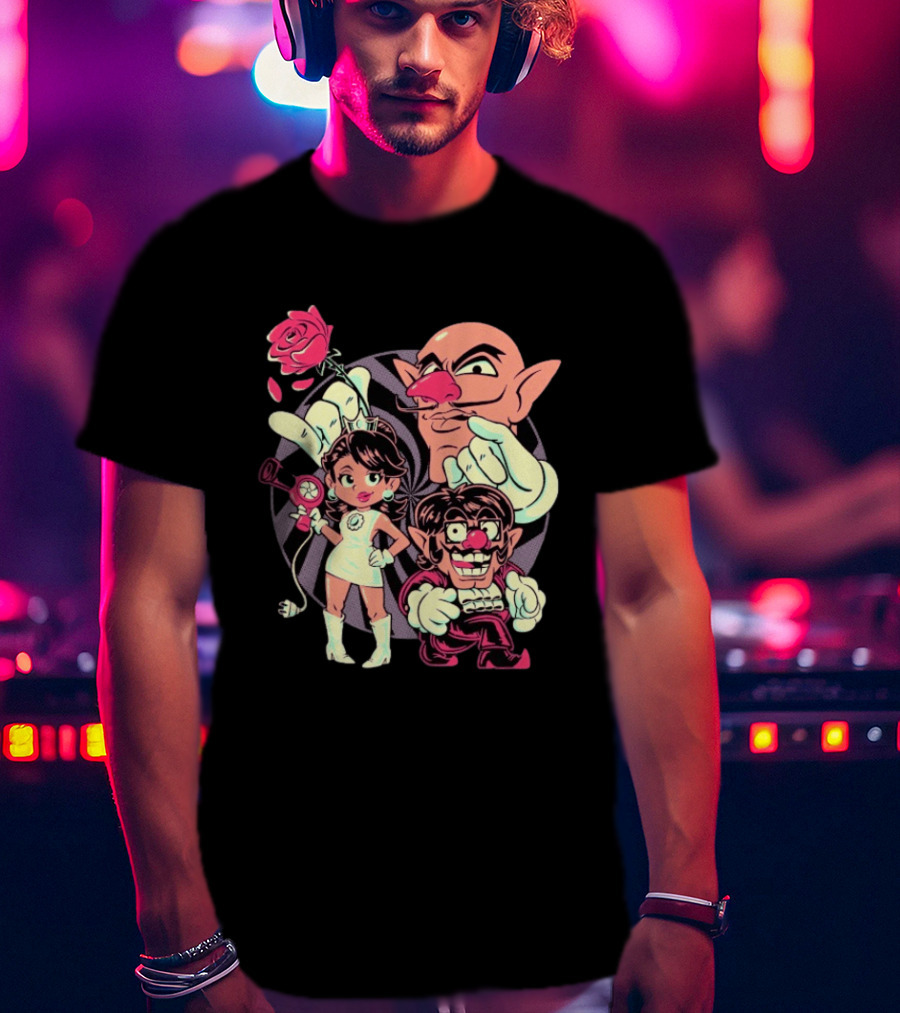 Henrique Torres Oh Be Wah Ve Vintage Cartoon Style Characters And Rose With Electric Plug T-Shirt
