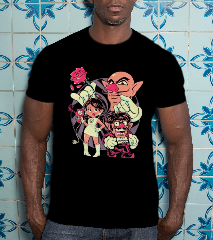 Henrique Torres Oh Be Wah Ve Vintage Cartoon Style Characters And Rose With Electric Plug T-Shirt