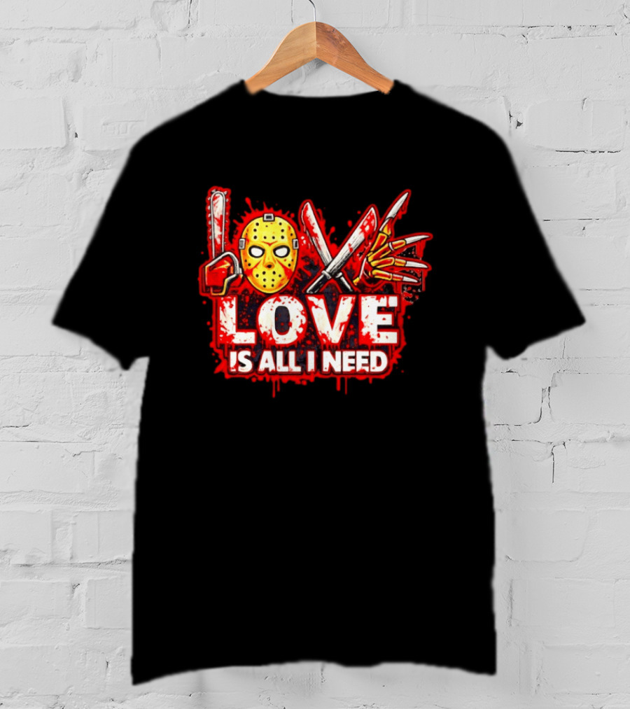 Horror Love Is All I Need Valentine Halloween Mask Knife Claw T-Shirt