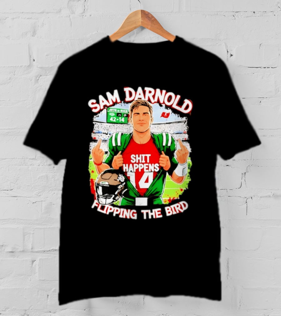 Sam Darnold Shit Happens 14 Flipping The Bird Stadium 42 14 T-Shirt
