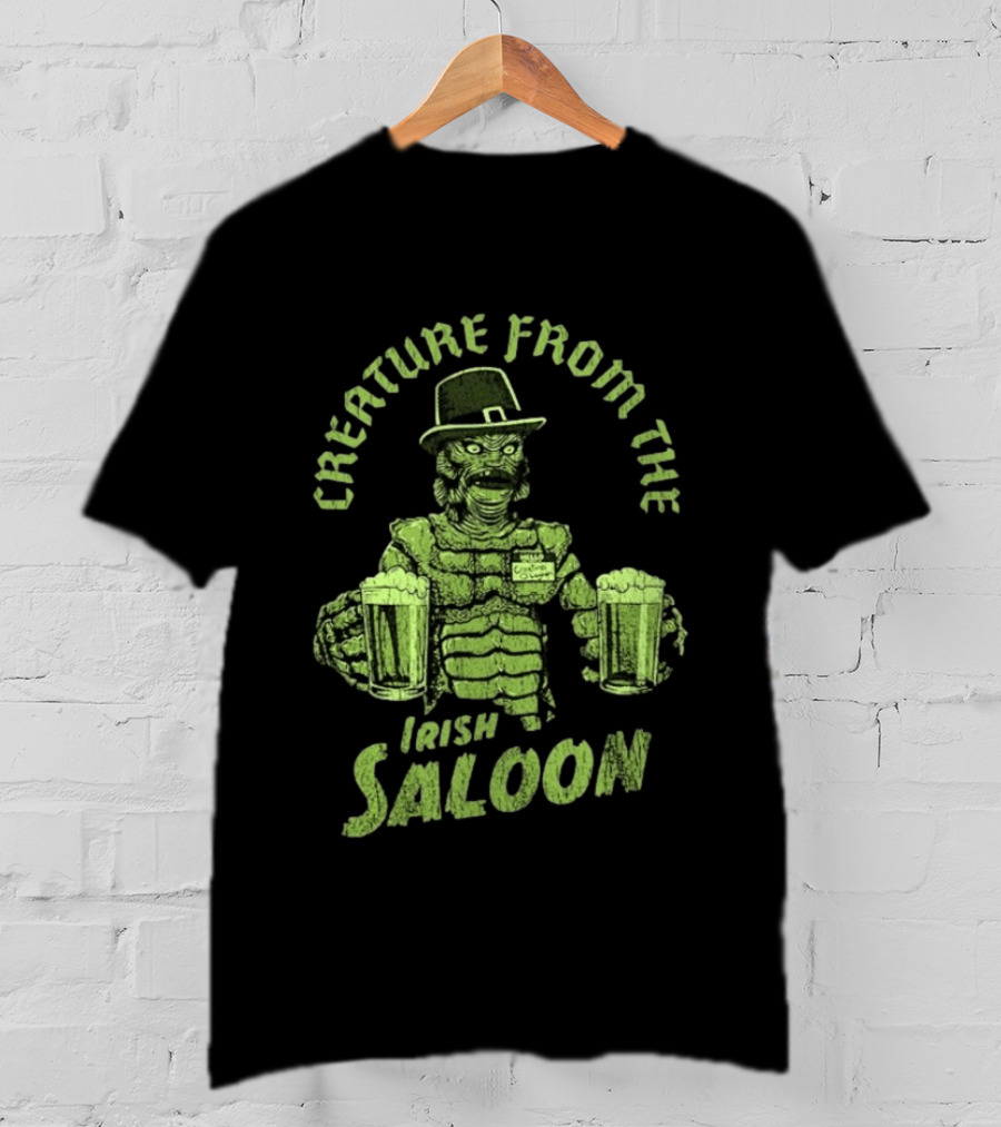 St Patrick's Day Creature From The Irish Saloon Beers Monster In Hat And Name Tag Holding Two Pints T-Shirt