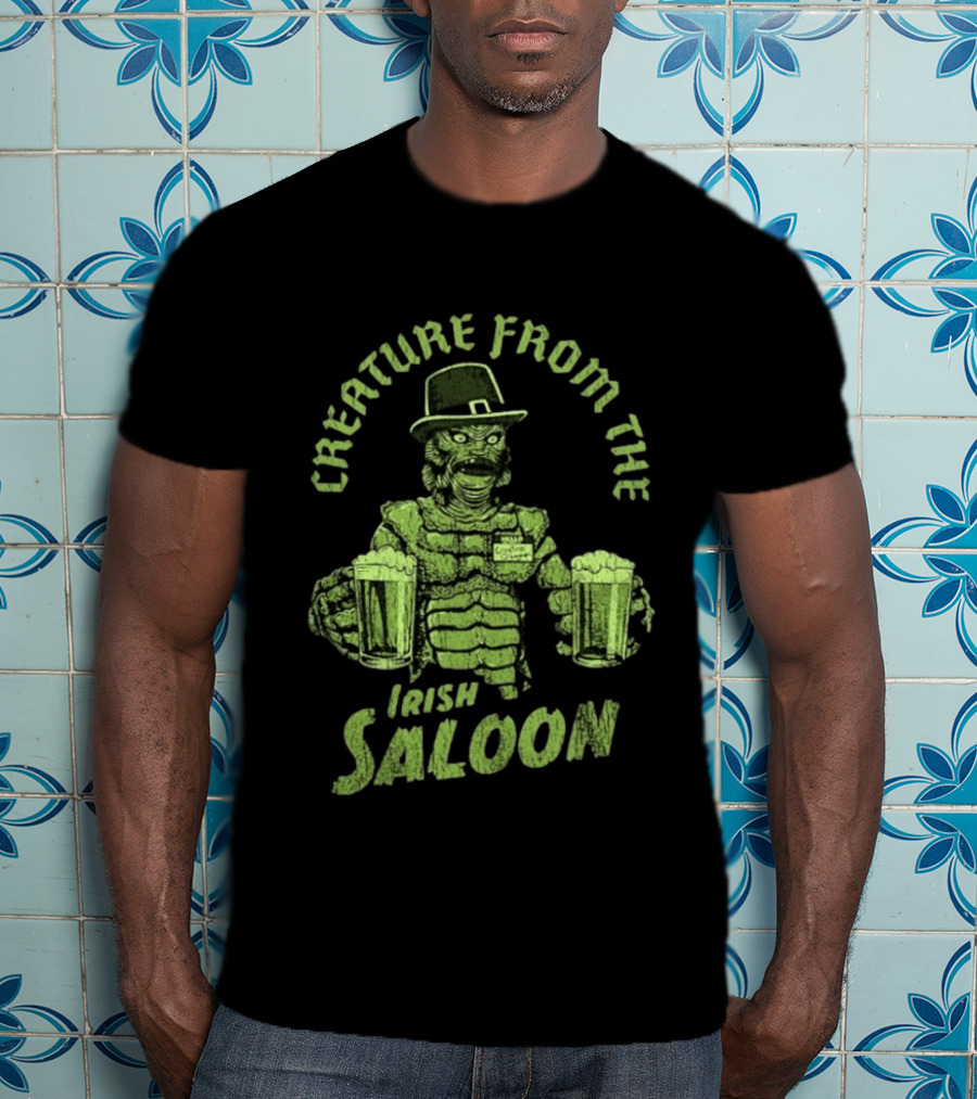 St Patrick's Day Creature From The Irish Saloon Beers Monster In Hat And Name Tag Holding Two Pints T-Shirt