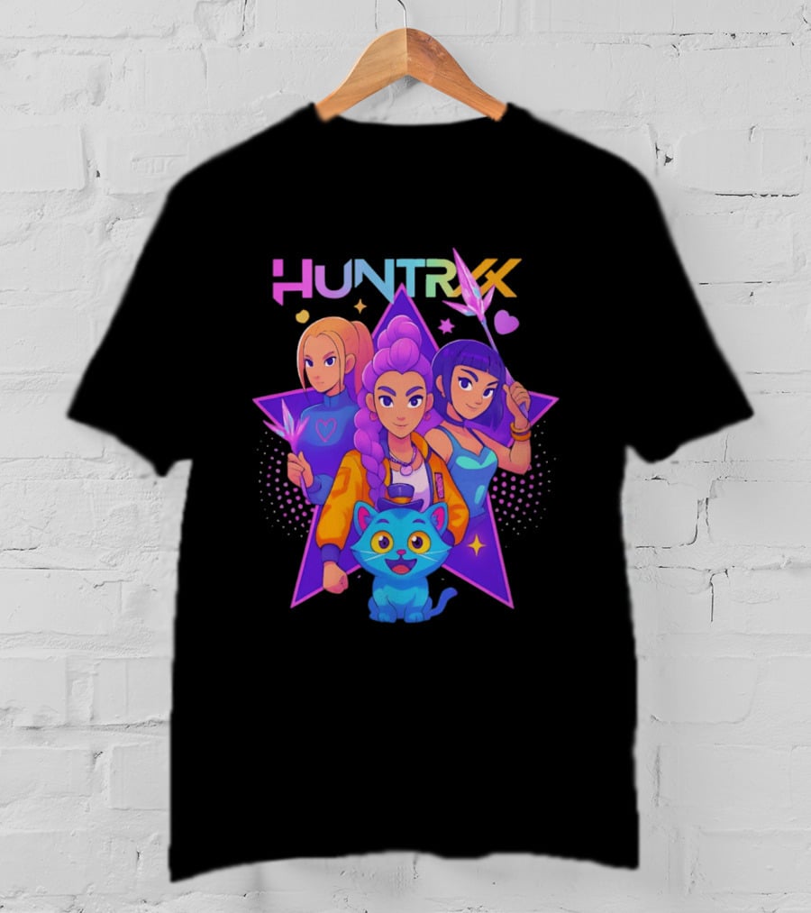 Huntrx Anime All Characters Vibrant Magical Trio And Blue Cat With Crystal Stars T-Shirt