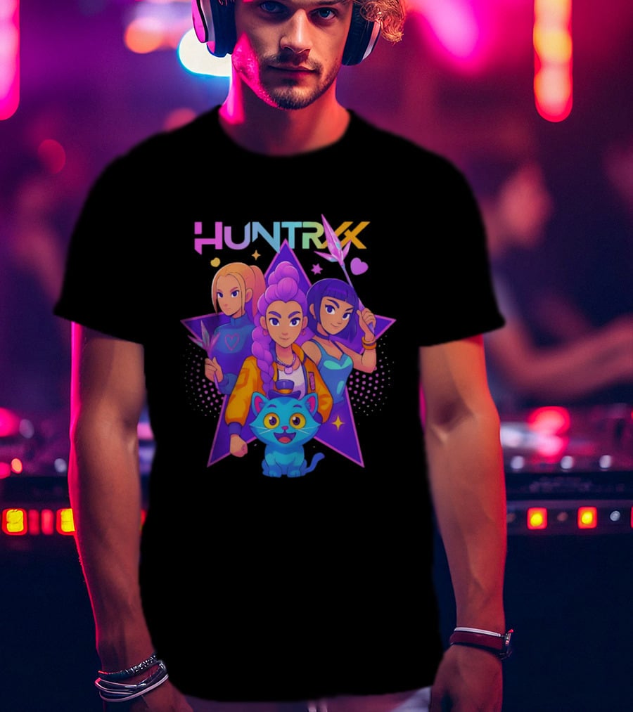 Huntrx Anime All Characters Vibrant Magical Trio And Blue Cat With Crystal Stars T-Shirt