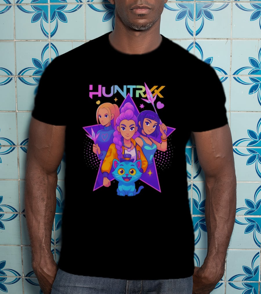 Huntrx Anime All Characters Vibrant Magical Trio And Blue Cat With Crystal Stars T-Shirt