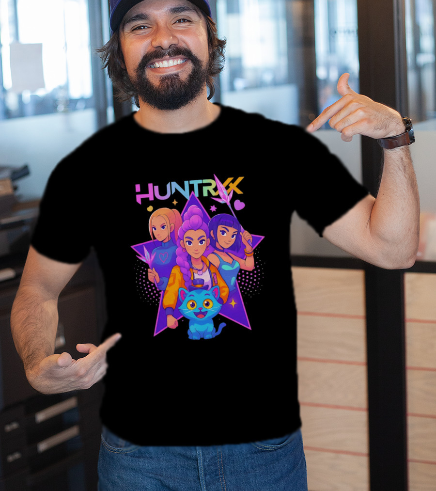 Huntrx Anime All Characters Vibrant Magical Trio And Blue Cat With Crystal Stars T-Shirt