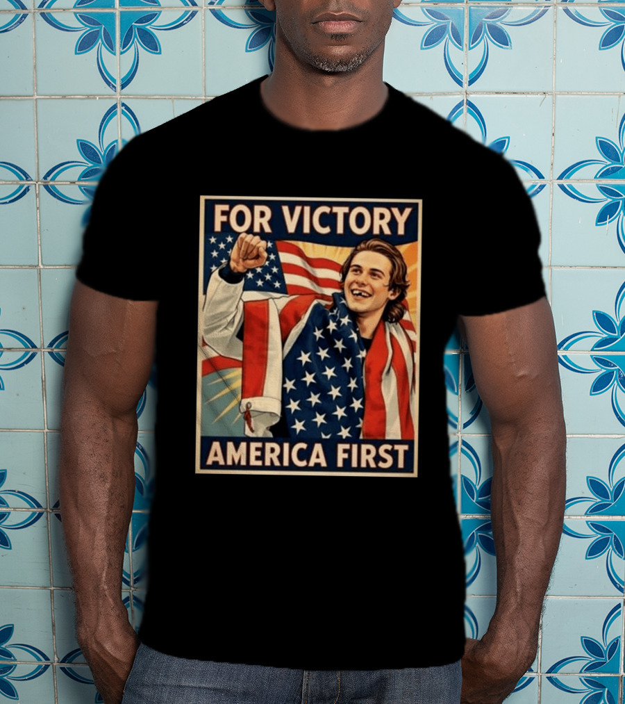 For Victory America First Patriotic Jack Hughes Victory Pose T-Shirt