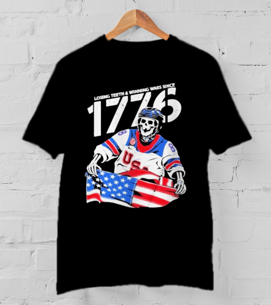 Losing Teeth Winning Wars Since 1776 USA Hockey Skeleton American Flag T-Shirt