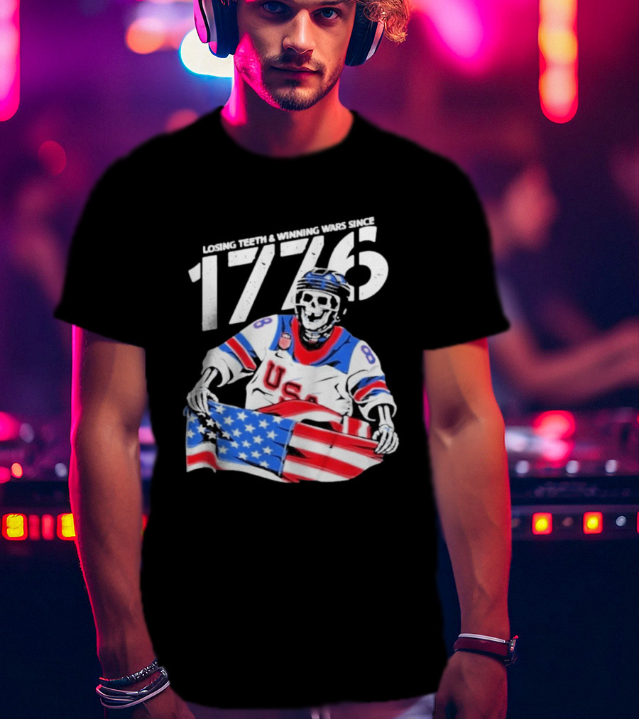 Losing Teeth Winning Wars Since 1776 USA Hockey Skeleton American Flag T-Shirt