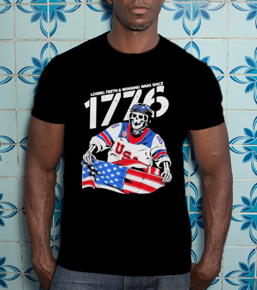 Losing Teeth Winning Wars Since 1776 USA Hockey Skeleton American Flag T-Shirt