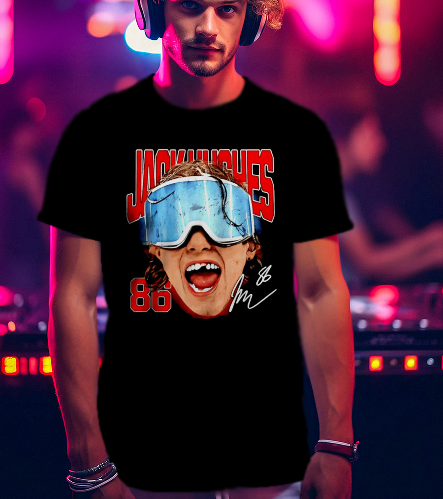 Jack Hughes New Jersey Devils 86 Goggles Signature T-Shirt