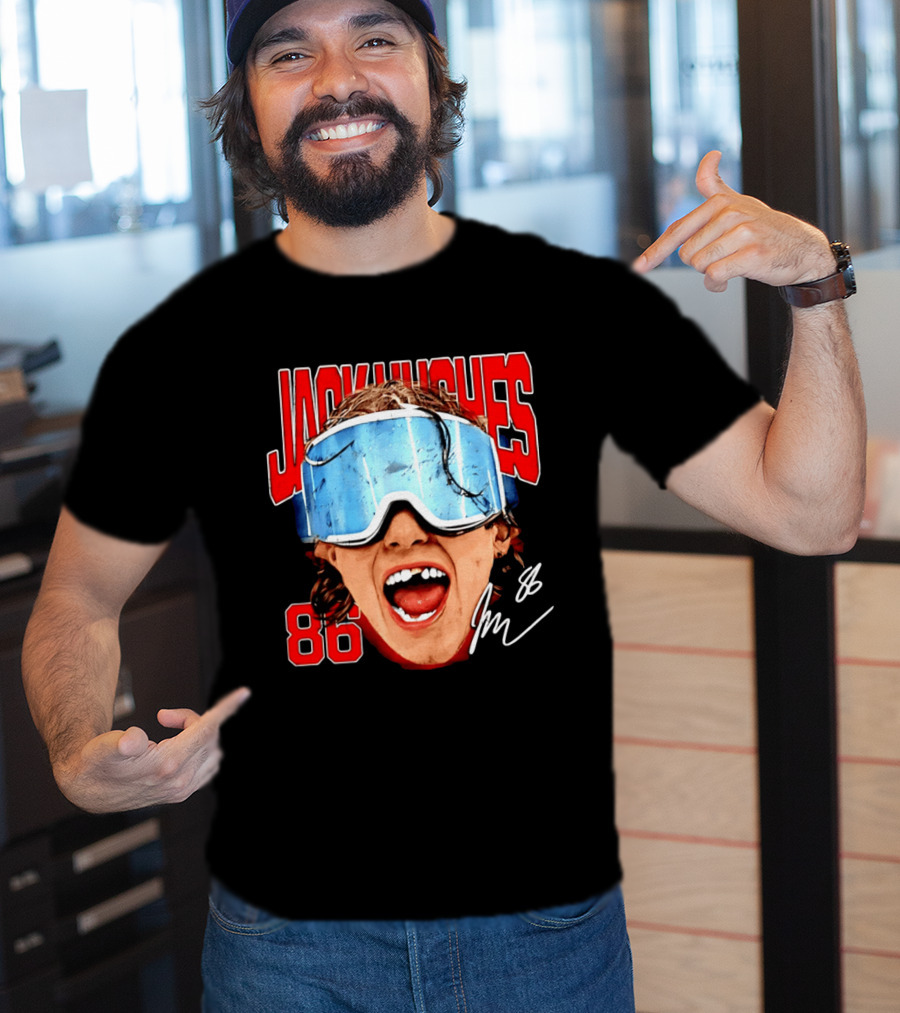 Jack Hughes New Jersey Devils 86 Goggles Signature T-Shirt