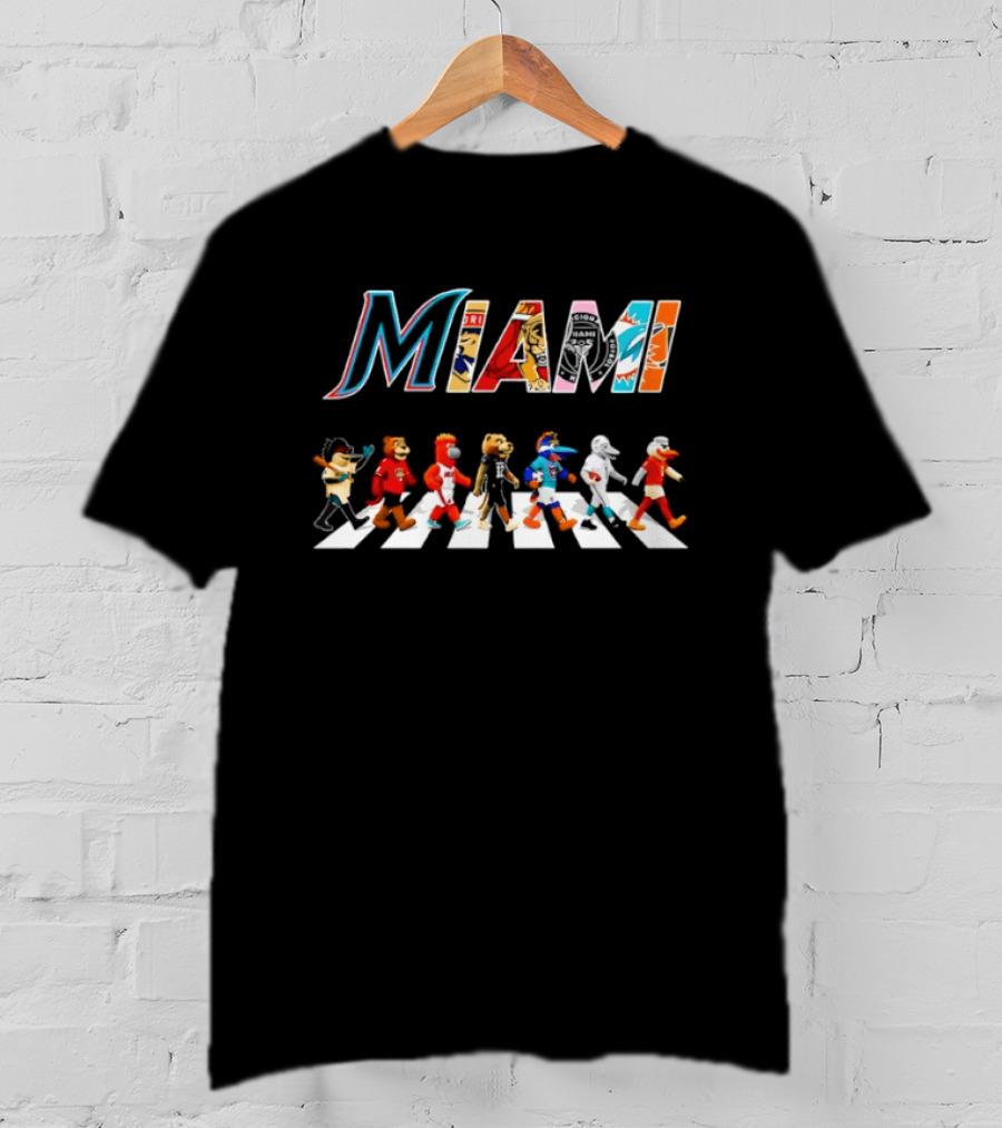 Miami Dolphins Heat Panthers Inter Miami CF Characters Walk Across Road T-Shirt