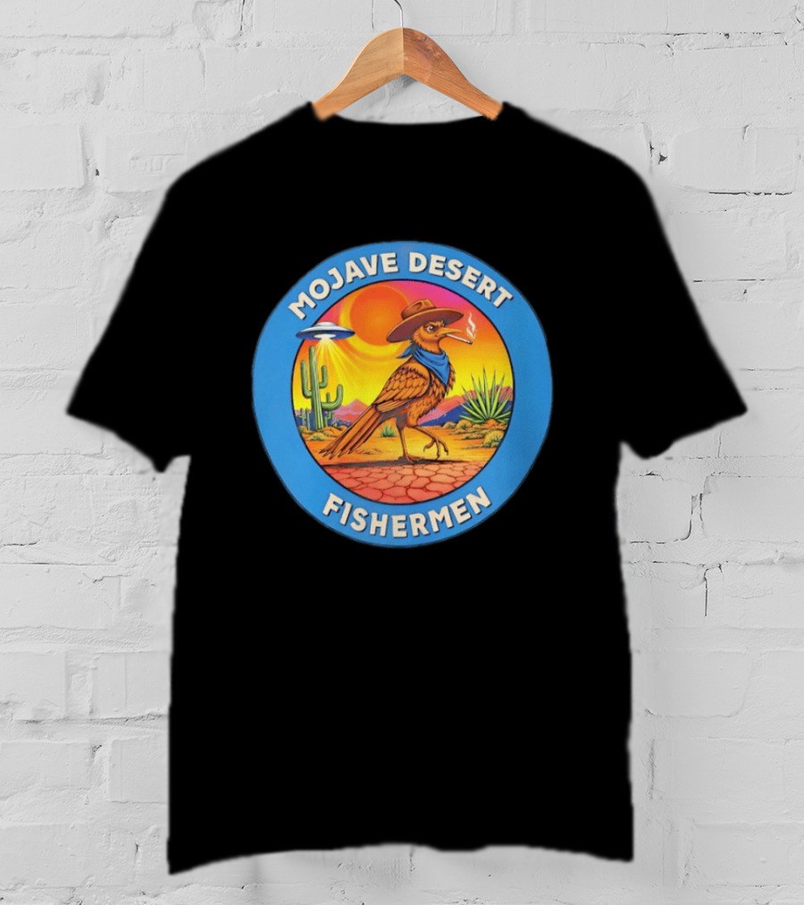 Mojave Desert Fishermen UFO Roadrunner Cowboy Sunset Cactus Circle T-Shirt