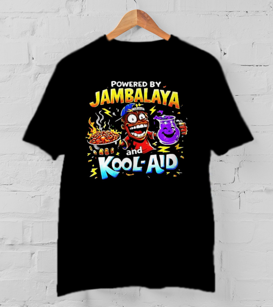 Powered By Jambalaya And Kool Aid Bold Colors Cartoon Character Fun T-Shirt