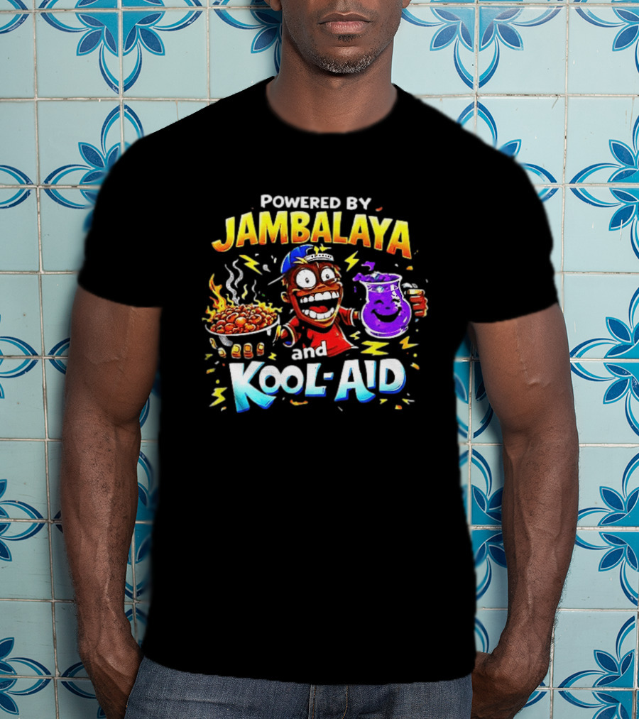 Powered By Jambalaya And Kool Aid Bold Colors Cartoon Character Fun T-Shirt