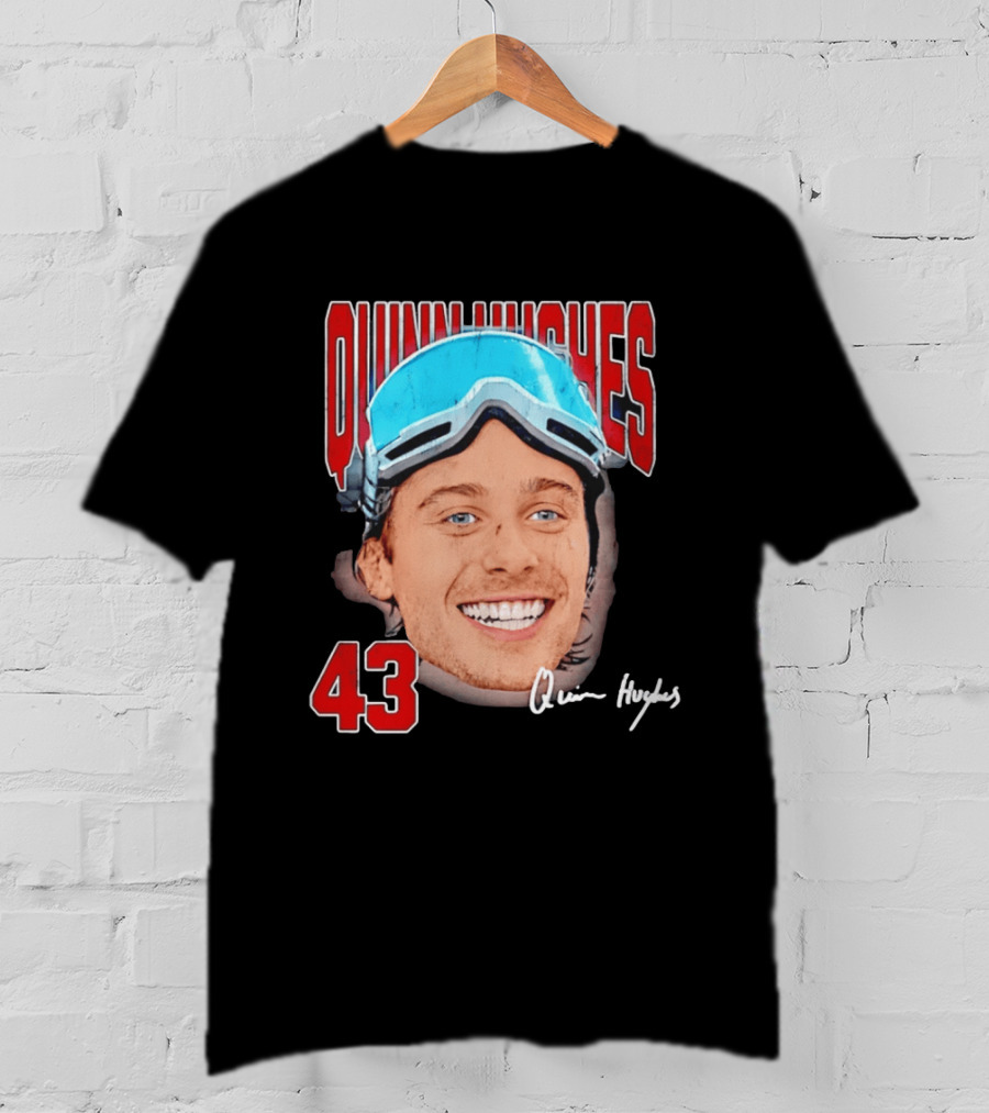 Quinn Hughes Big Head Goggles 43 Signature T-Shirt