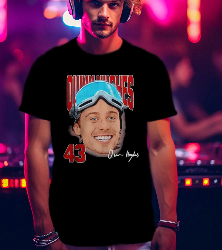 Quinn Hughes Big Head Goggles 43 Signature T-Shirt