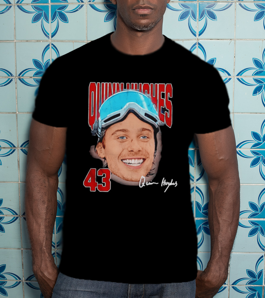 Quinn Hughes Big Head Goggles 43 Signature T-Shirt