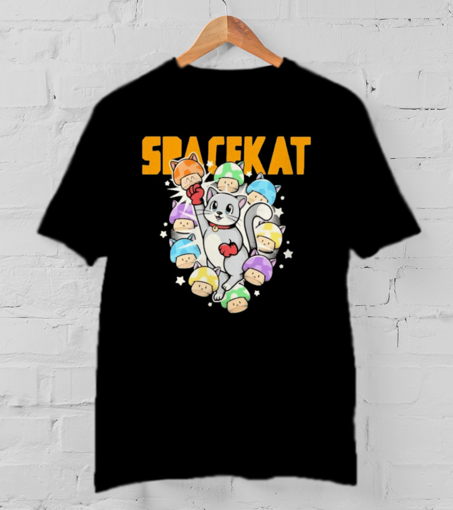 Spacekat Cat Surrounded By Colorful Mushroom Characters T-Shirt