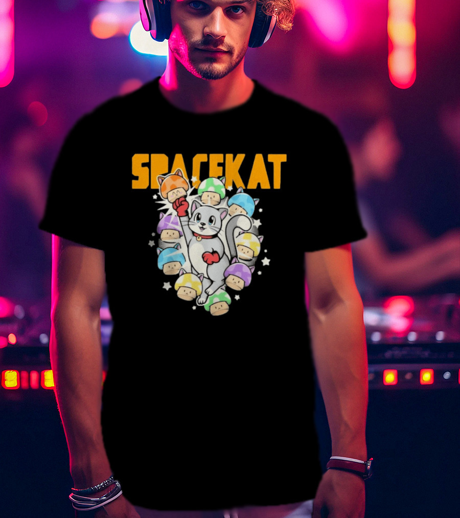 Spacekat Cat Surrounded By Colorful Mushroom Characters T-Shirt