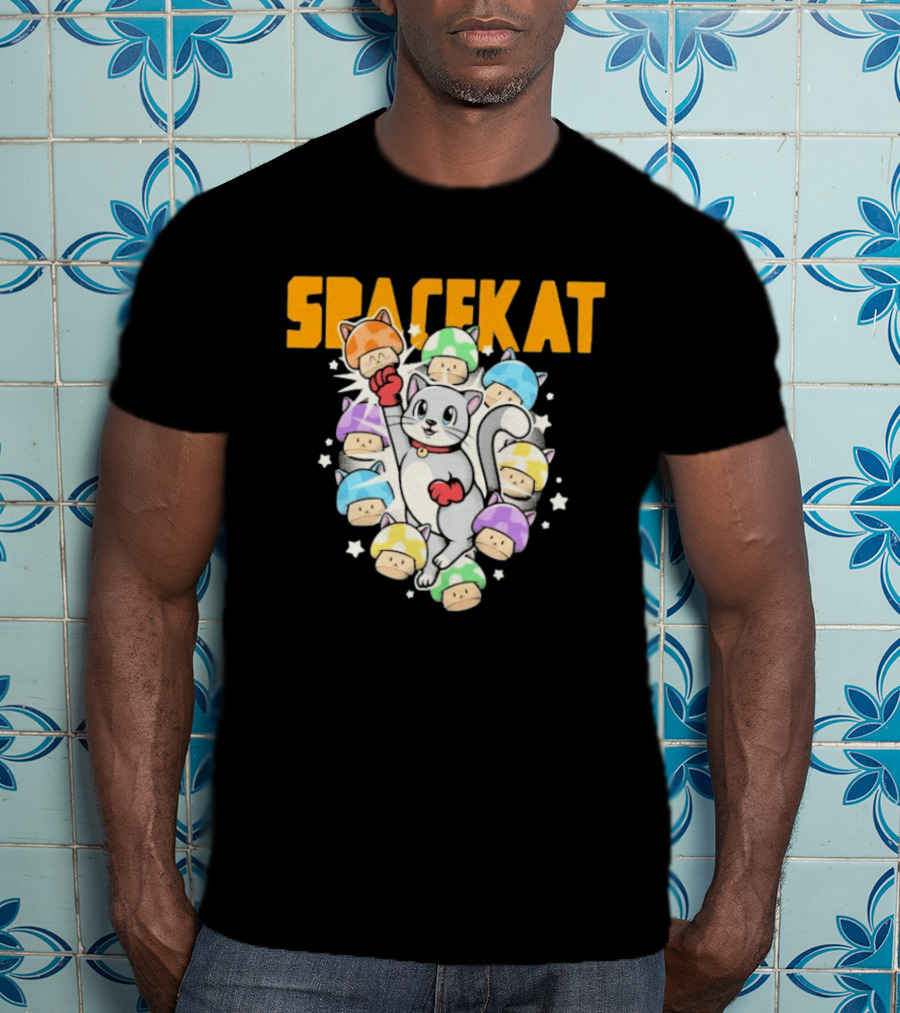 Spacekat Cat Surrounded By Colorful Mushroom Characters T-Shirt