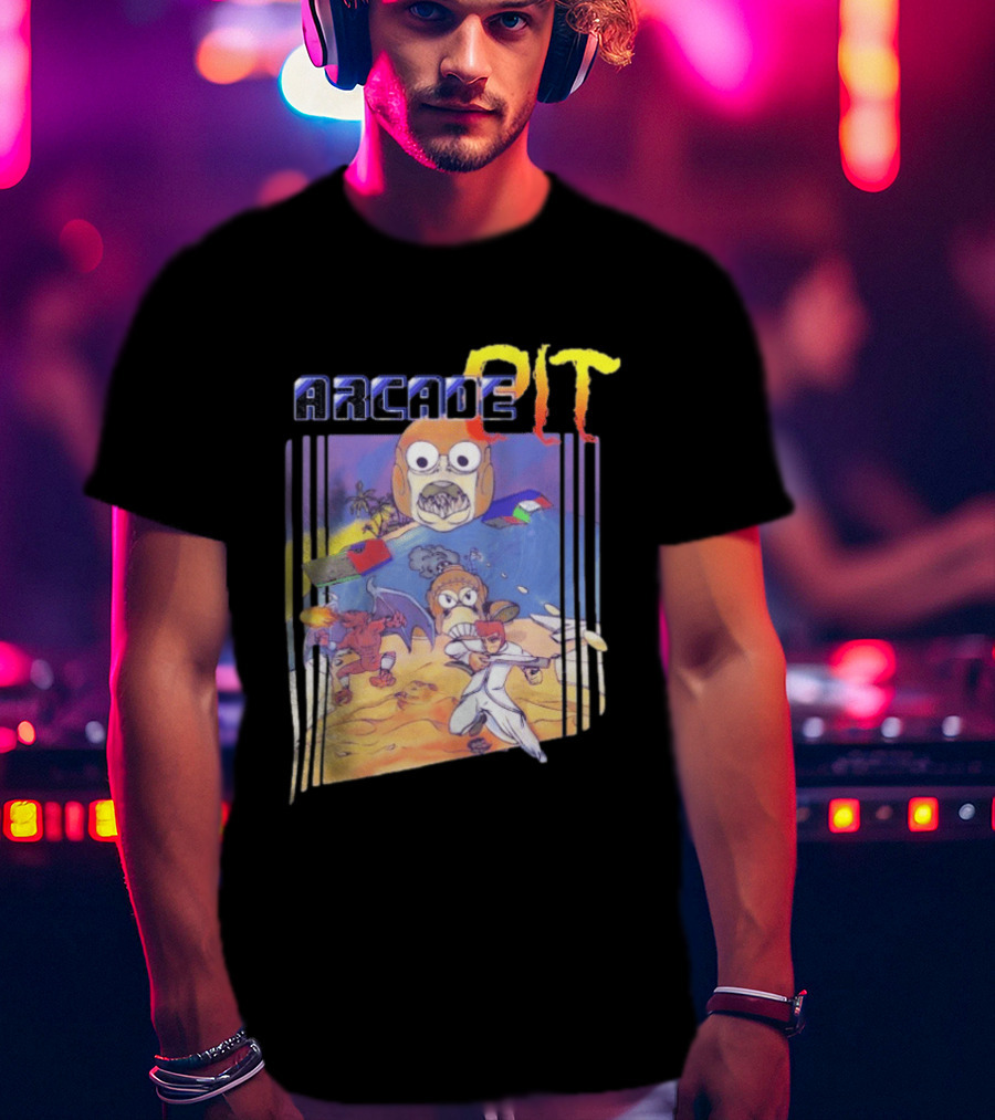 Arcade Pit Smight X Contra Characters And Cartoon Face Beach Scene T-Shirt