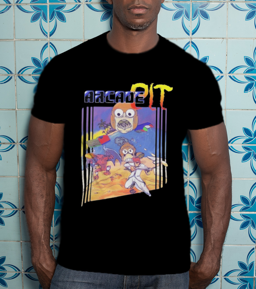 Arcade Pit Smight X Contra Characters And Cartoon Face Beach Scene T-Shirt