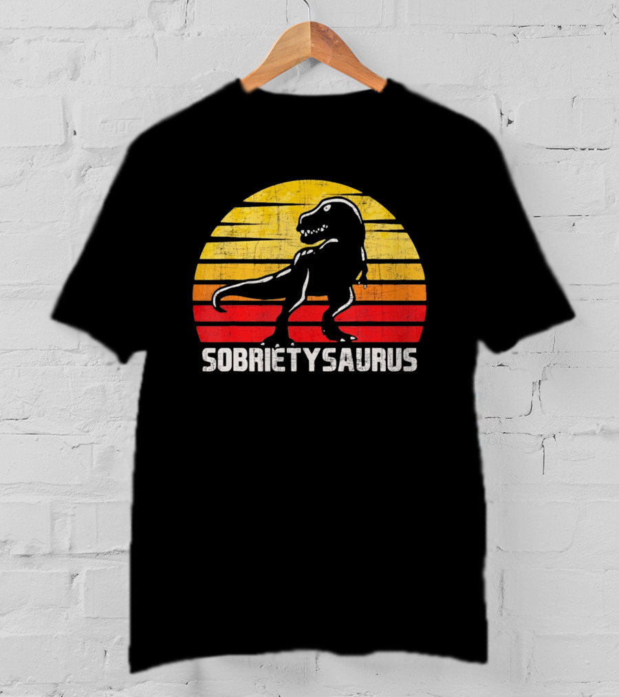 Sober Sobrietysaurus Sobriety Anniversary Recovery Rex Sunset T-Shirt