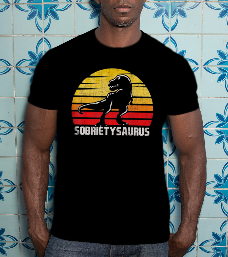 Sober Sobrietysaurus Sobriety Anniversary Recovery Rex Sunset T-Shirt