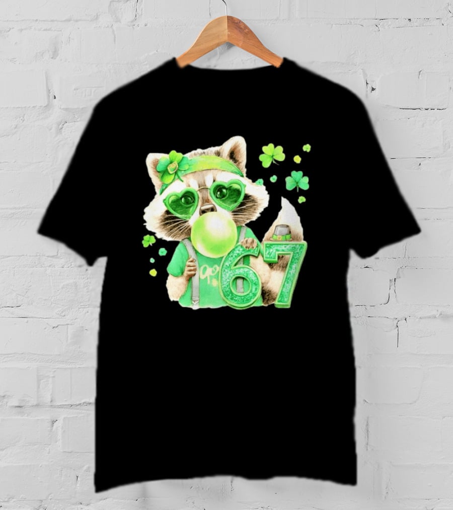 St Patrick's Day Raccoon With Shamrock Heart Glasses And 67 Bubblegum T-Shirt