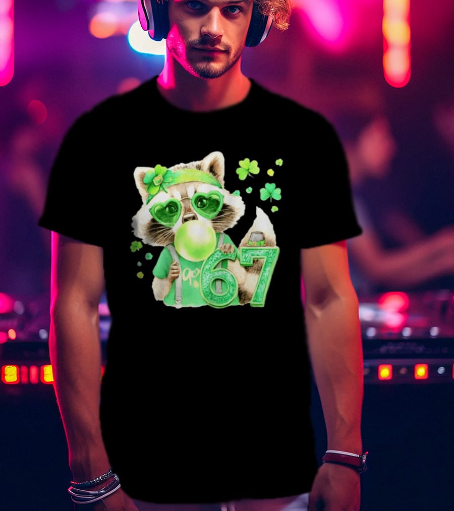 St Patrick's Day Raccoon With Shamrock Heart Glasses And 67 Bubblegum T-Shirt