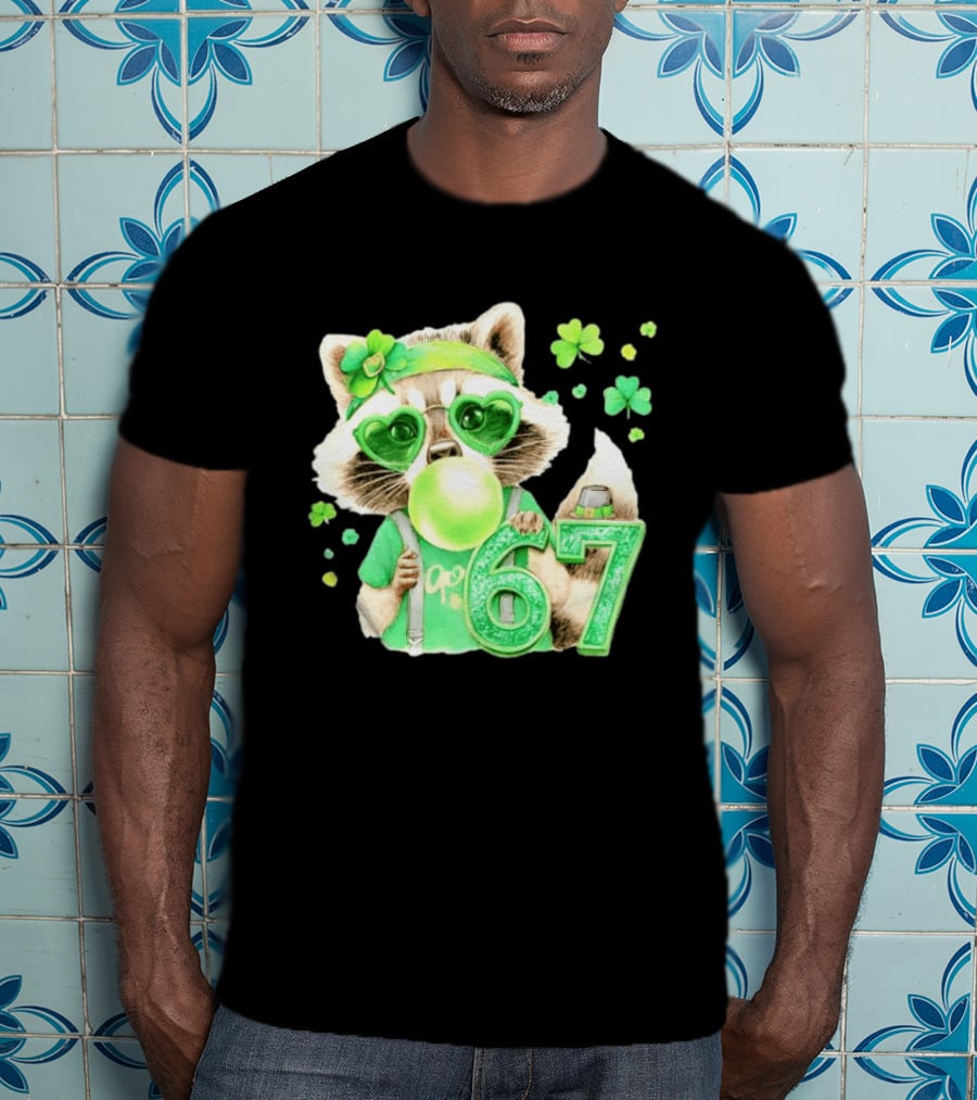 St Patrick's Day Raccoon With Shamrock Heart Glasses And 67 Bubblegum T-Shirt