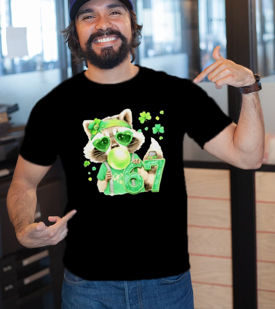 St Patrick's Day Raccoon With Shamrock Heart Glasses And 67 Bubblegum T-Shirt