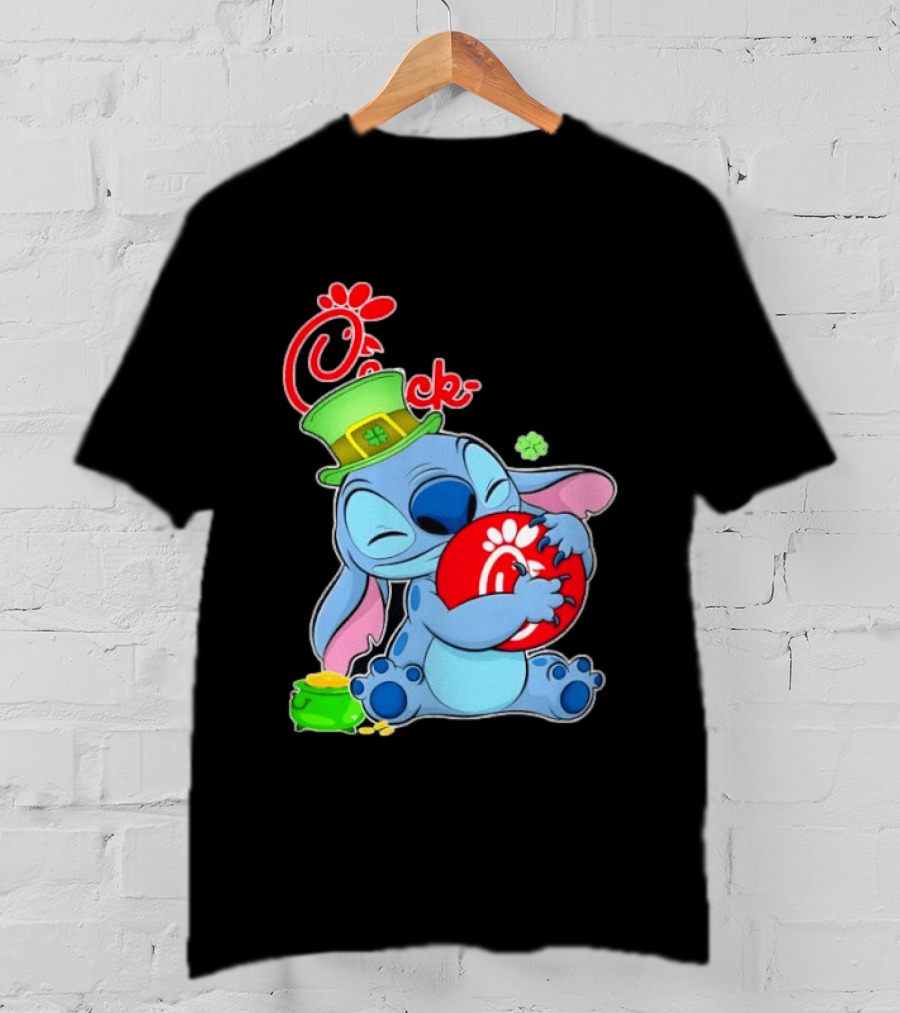 Stitch Holding Chick Fil A Logo With St. Patrick's Day Hat And Clover T-Shirt