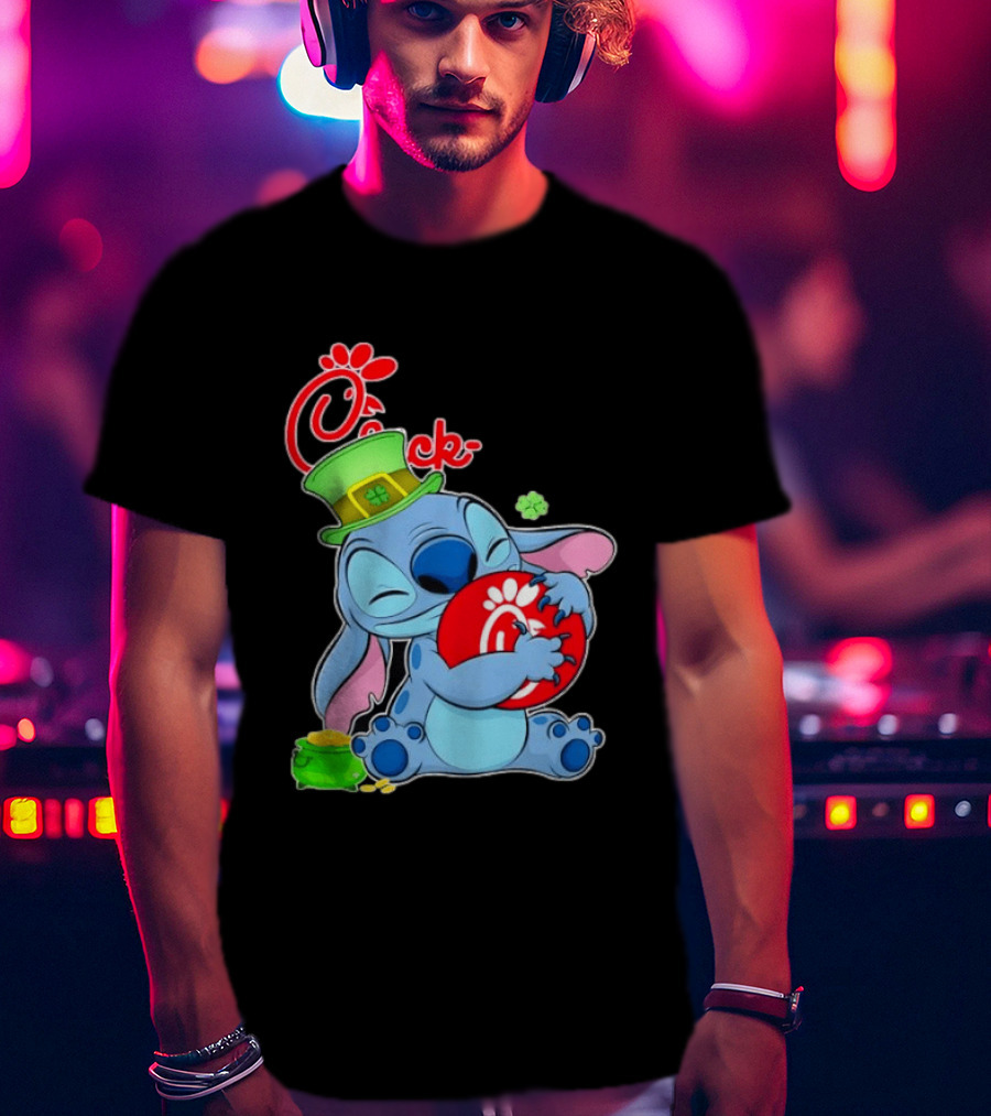 Stitch Holding Chick Fil A Logo With St. Patrick's Day Hat And Clover T-Shirt