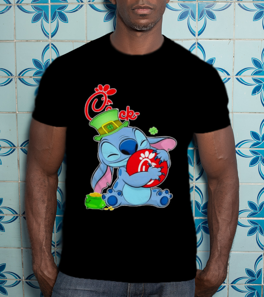 Stitch Holding Chick Fil A Logo With St. Patrick's Day Hat And Clover T-Shirt