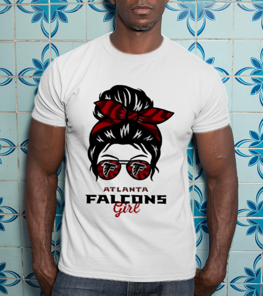 Atlanta Falcons Girl Messy Bun 2026 Bow Sunglasses T-Shirt