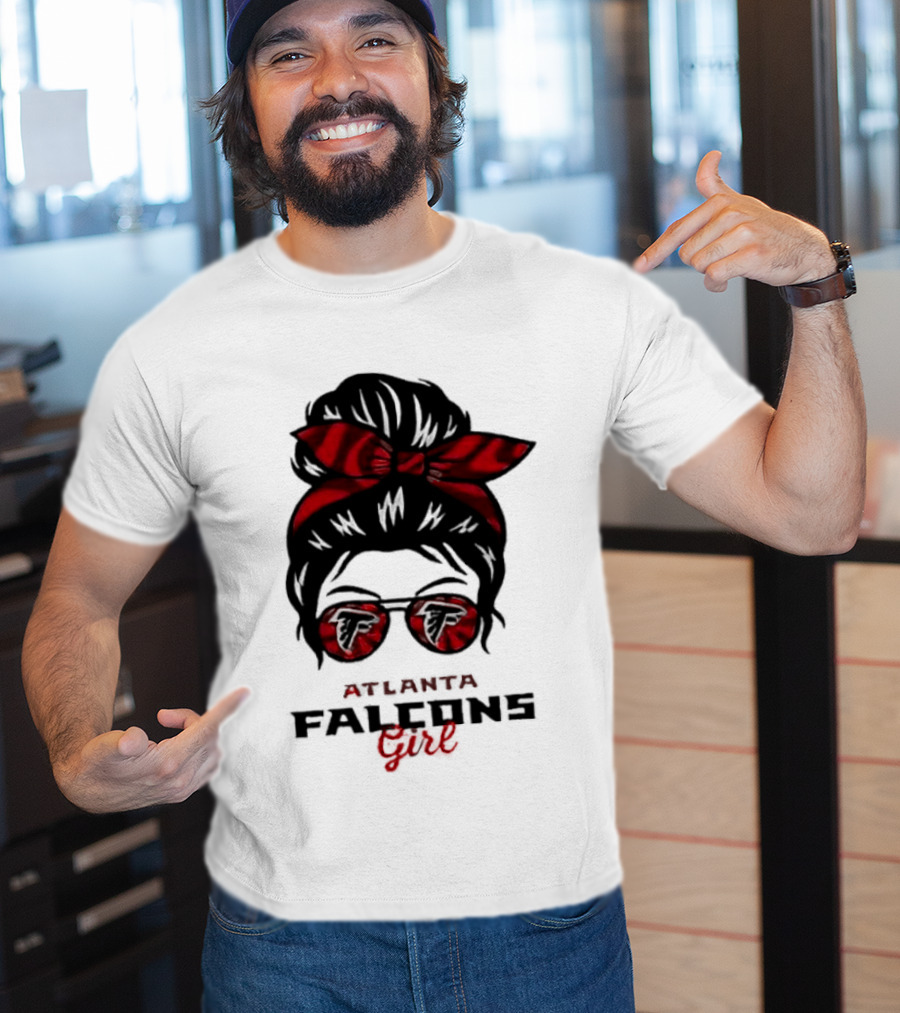 Atlanta Falcons Girl Messy Bun 2026 Bow Sunglasses T-Shirt