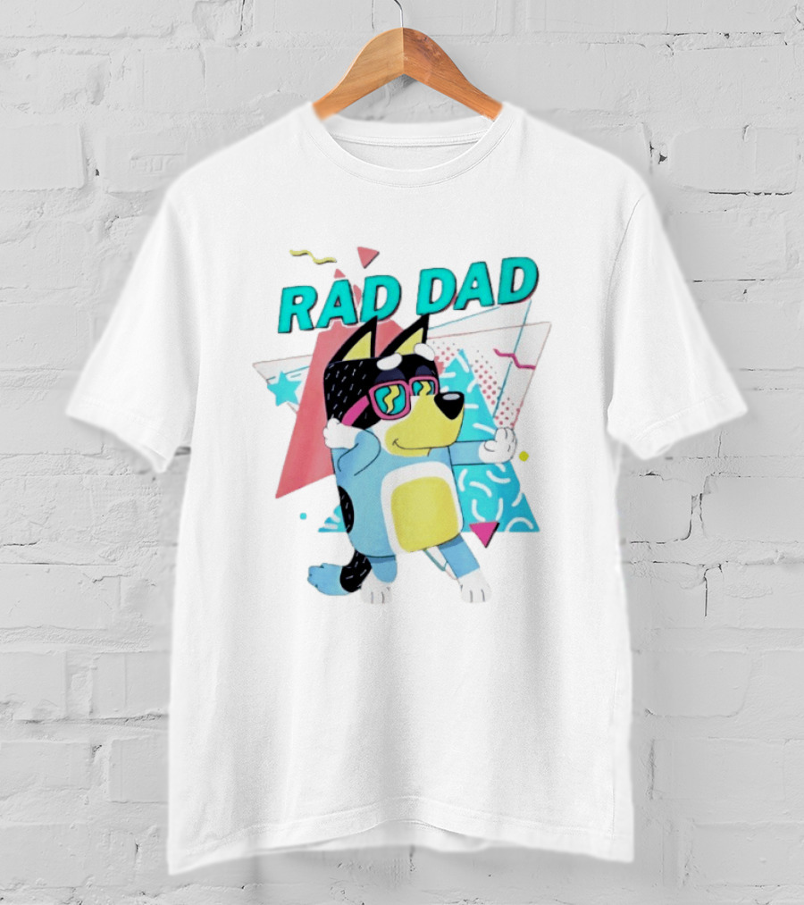 Blue Dog Rad Dad Retro Vibes With Sunglasses And Geometric T-Shirt