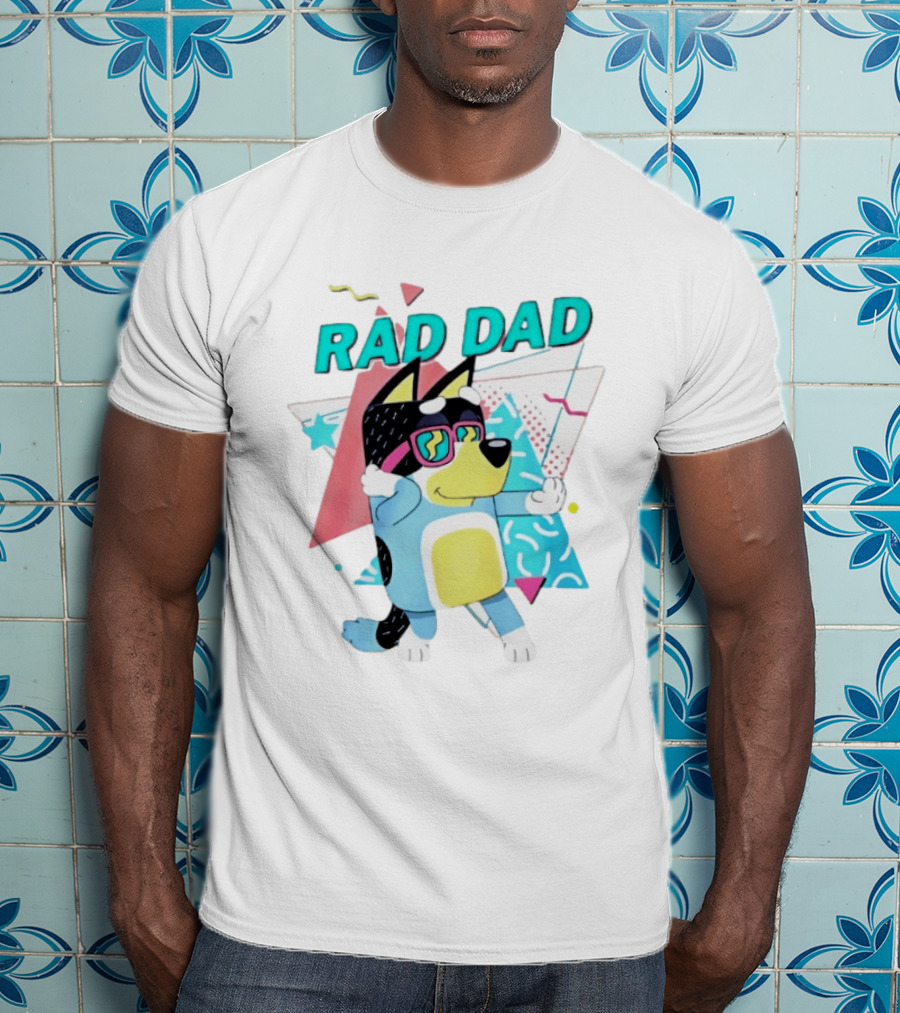 Blue Dog Rad Dad Retro Vibes With Sunglasses And Geometric T-Shirt