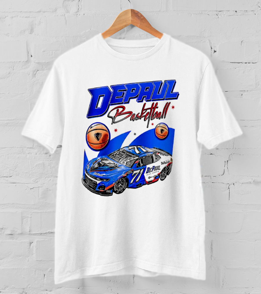 DePaul Basketball NASCAR Collaboration With Blue Race Car And Basketball T-Shirt