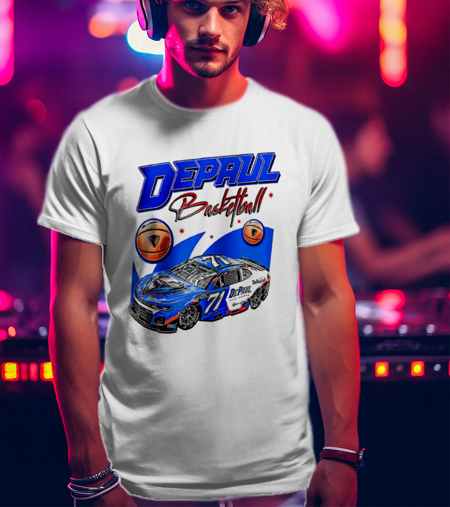 DePaul Basketball NASCAR Collaboration With Blue Race Car And Basketball T-Shirt