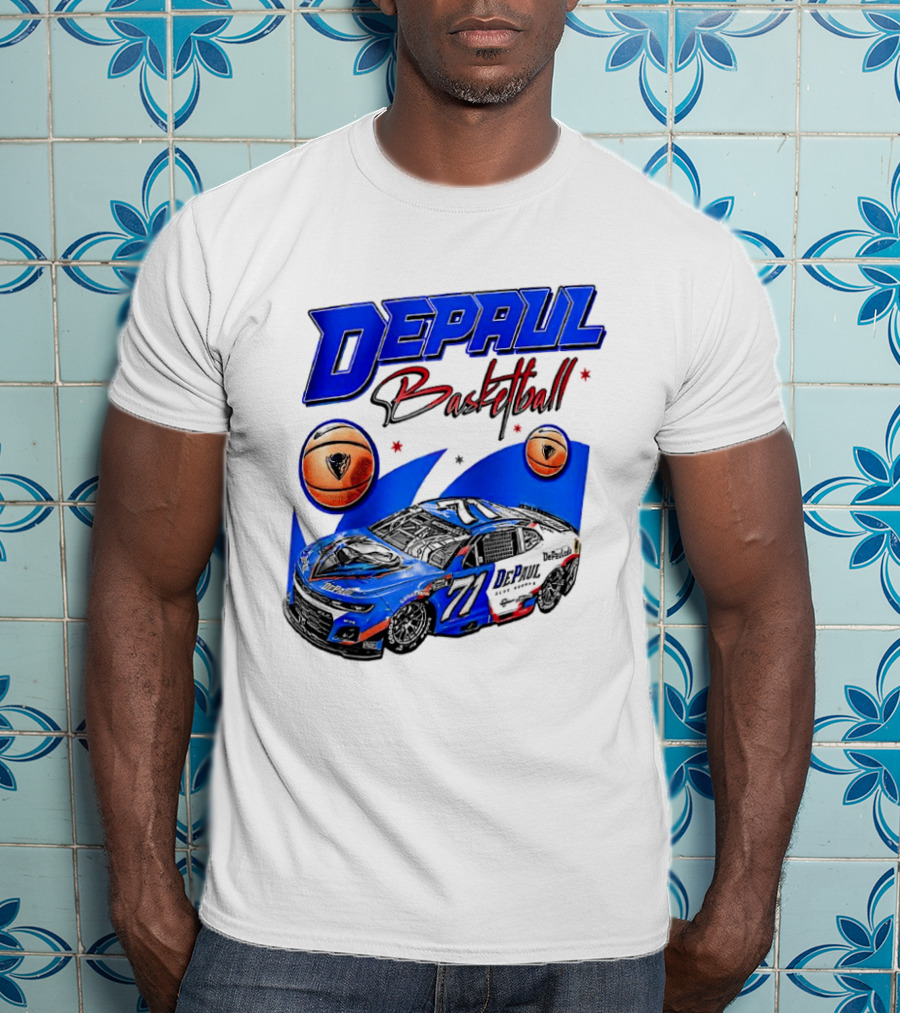 DePaul Basketball NASCAR Collaboration With Blue Race Car And Basketball T-Shirt