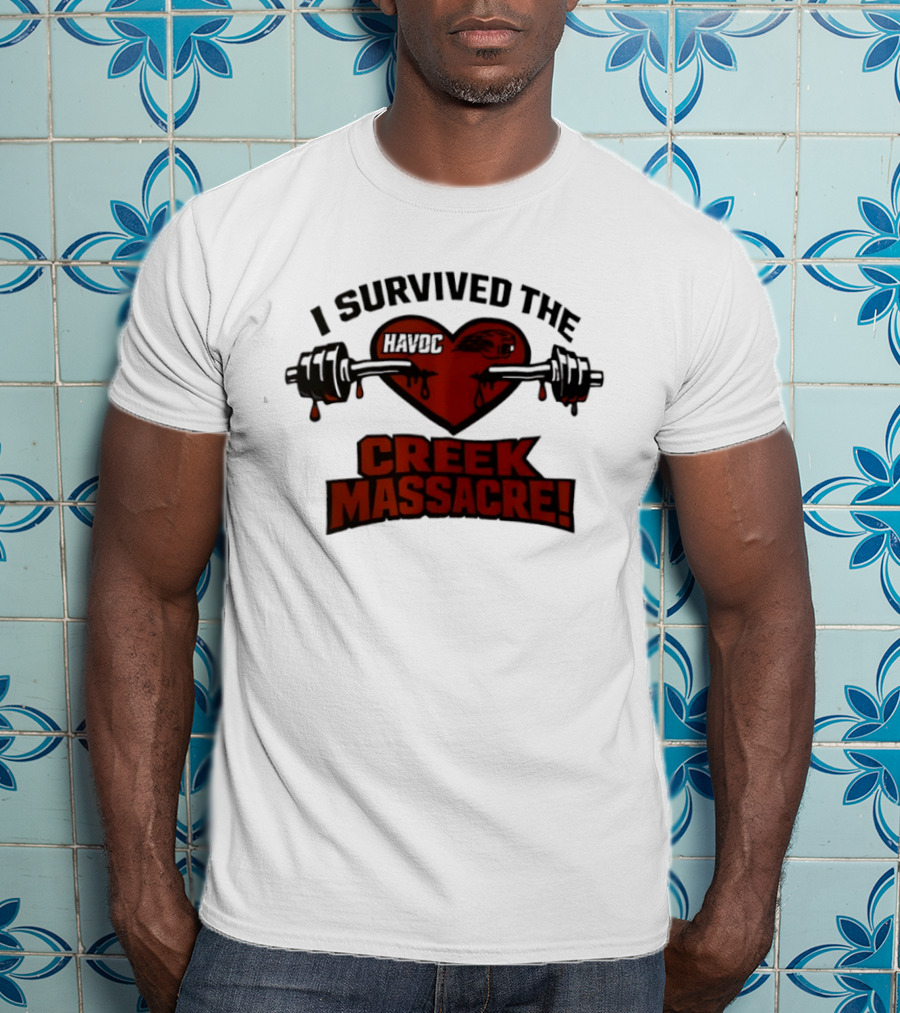 I Survived The Havoc Creek Massacre Heart Barbell Blood Gym Horror T-Shirt