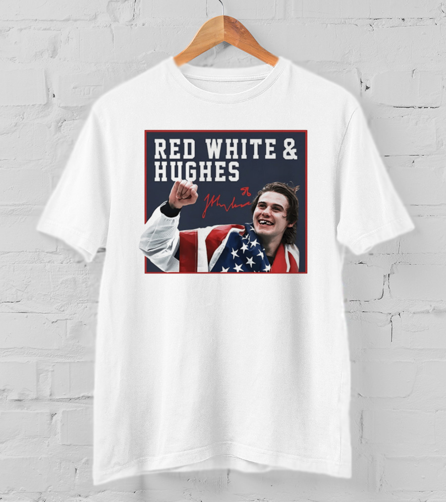 Red White & Hughes Jack Hughes USA Hockey 2026 Golden Goal T-Shirt