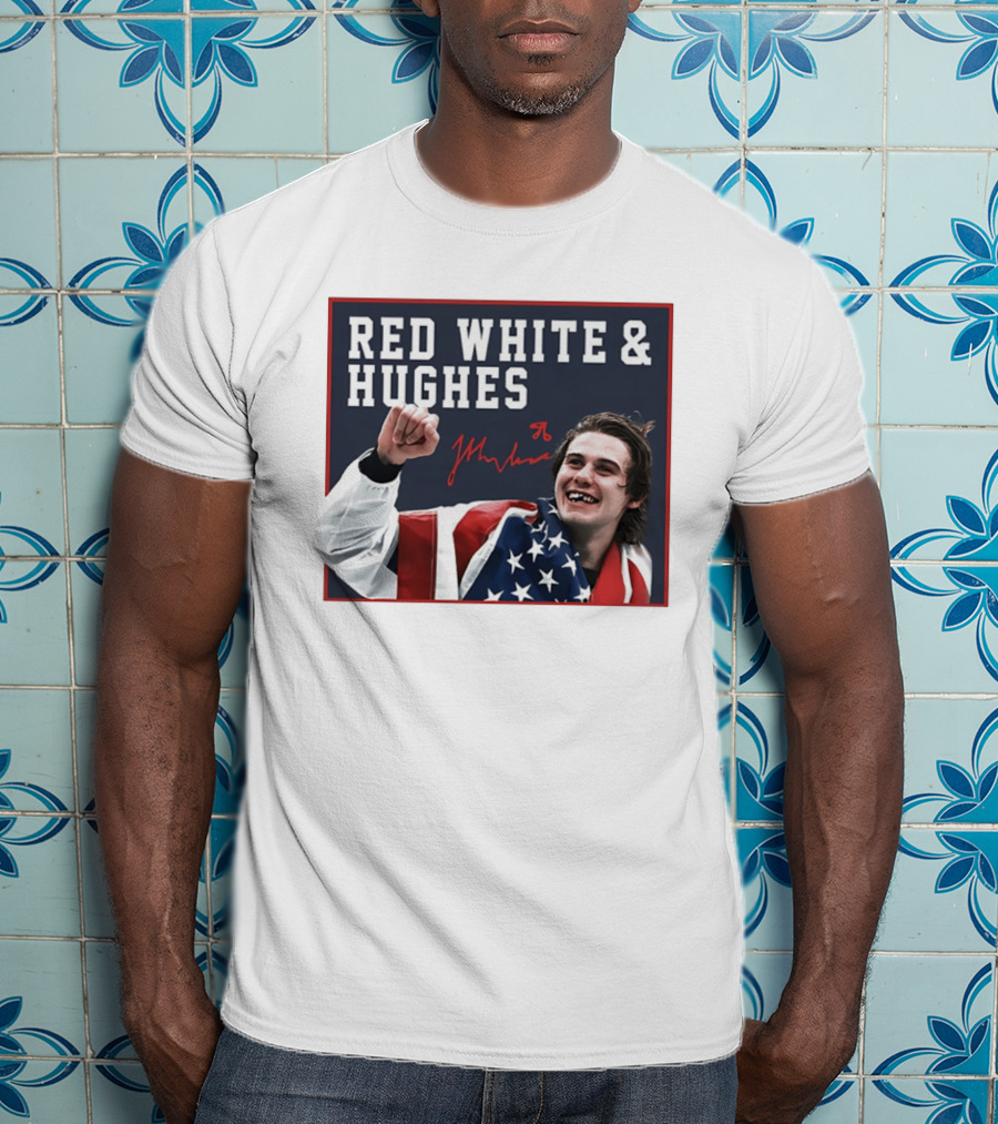 Red White & Hughes Jack Hughes USA Hockey 2026 Golden Goal T-Shirt