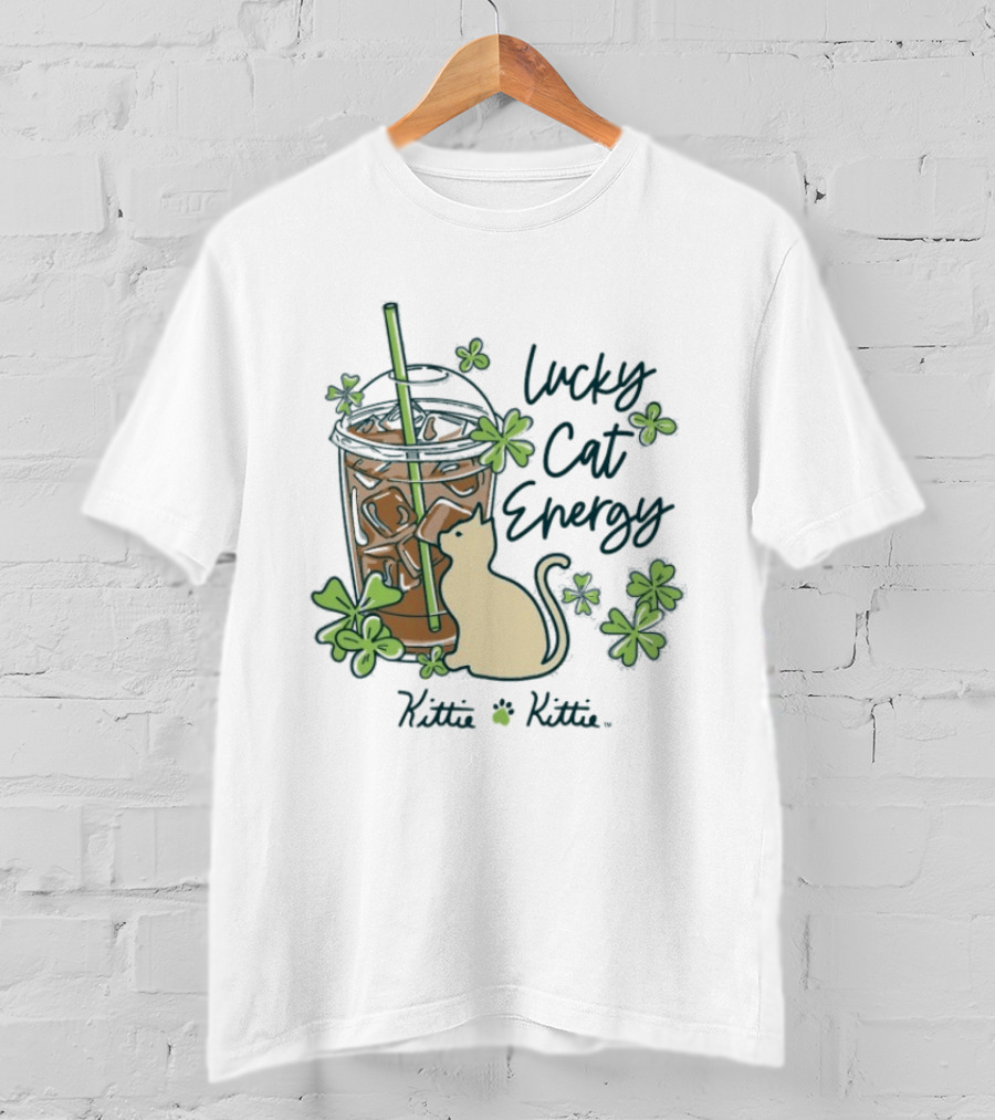 Lucky Cat Energy Kittie Kittie St. Patrick's Day Shamrock Iced Drink T-Shirt